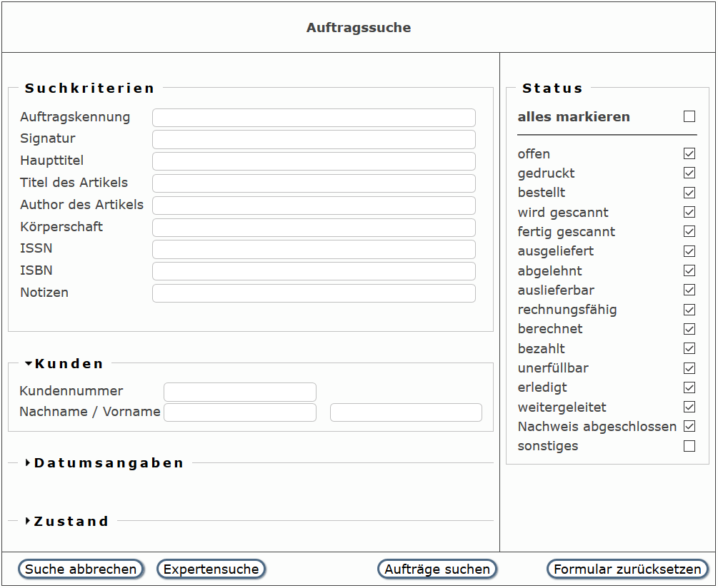 Ansicht der Auftragssuche